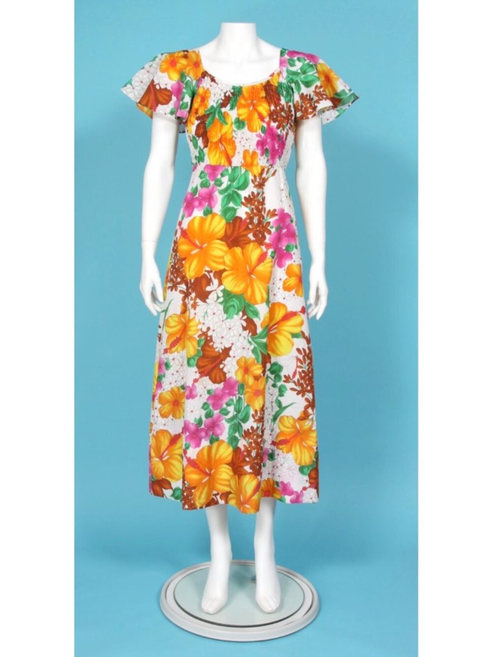Vintage POMARE Hawaiian Floral Angel Sleeve Smocked Top Midi Dress sz Small /101